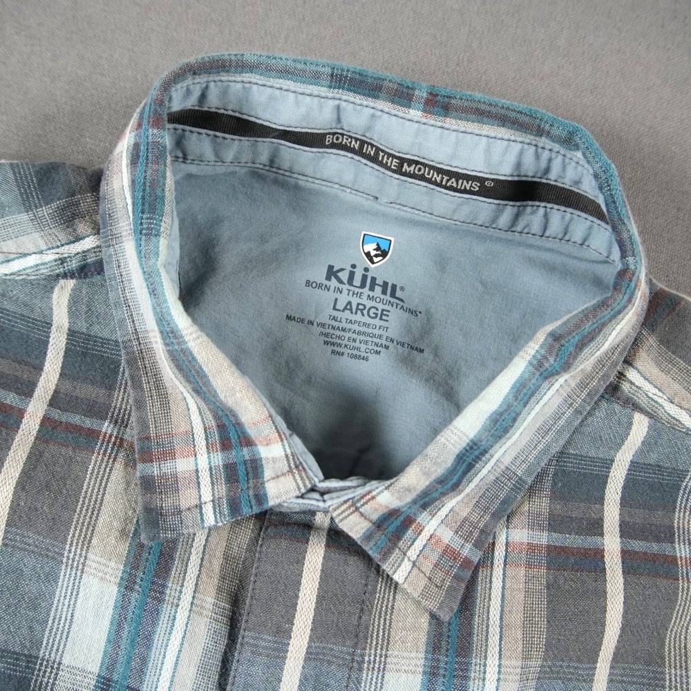 Kuhl Linen Cotton Plaid Hiking Camping Shirt Mens L Tapered Fit Short Sleeve
